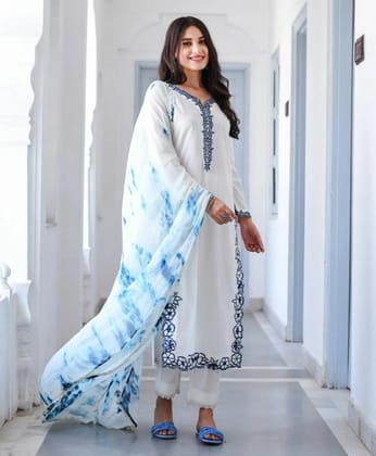 Elite rayon blue embroiderd on white kurti set-M