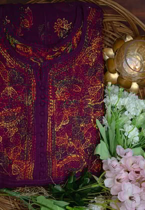 The Chikankari Story: Exquisite Georgette Yolk Anarkali with Multi colour thread Resham Work & Chikankari Hand Embroidery bakhiya work lakhnavi traditional design-Maroon / XS