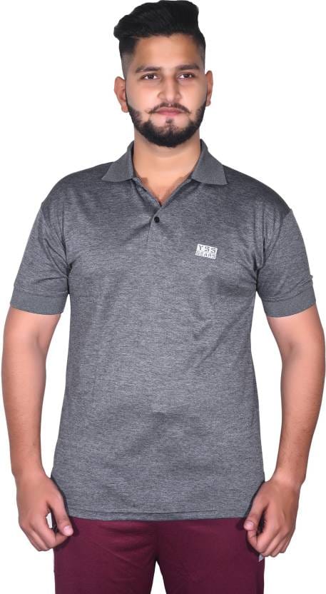 Men Solid Polo Neck Cotton Blend Grey T-Shirt