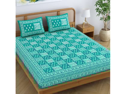 SheetKart Cotton Traditional Floral Jaipuri Printed Double Bedsheet King Size with 2 Pillow Covers  - Sea Green