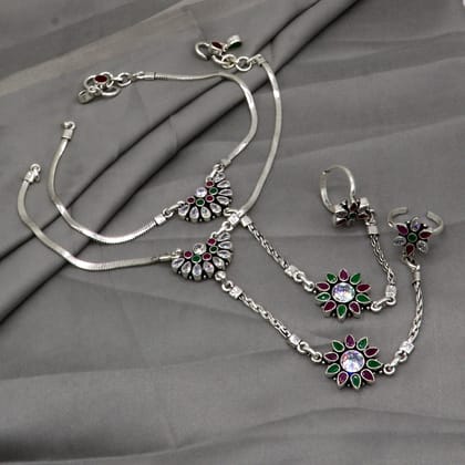 925 sterling silver green and red stone flower design anklets with ankle ring/pagpan/ ankle jewelry ank627