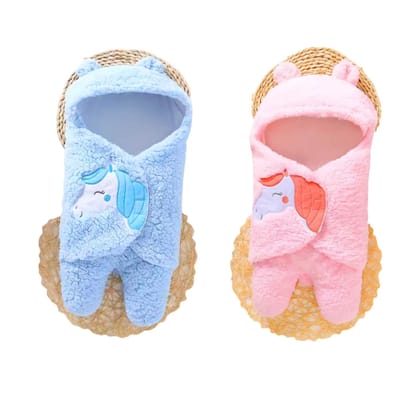 3-in-1 Fleece Unicorn Hooded Wrap with Velcro Lock | Set of 2 Pink - Blue