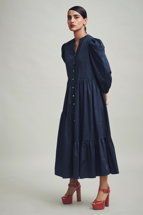 TIERED POPLIN MIDI-S / Navy Blue