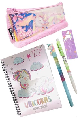 Unicorn holographic diary , lava pen , water pouch , pencil , bookmark