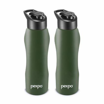 PEXPO Stainless Steel Sports/Fridge Water Bottle, 750 ml, Military Green, Bistro Xtreme | Wide Mouth & Leak-Proof Water Bottle (Pack of 2)