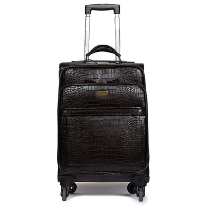 Luxuriously Deep Cut Croco Dark Brown Quad Wheel Cabin Luggage Leather Strolley Travel Bag by Brune & Bareskin-FS