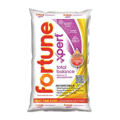 Fortune Xpert Total Balance Oil, Blend Of Rice Bran, Soyabean & Flaxseed Oil, Balance Of Fats & Omega 3 :Omega 6, 1L Pouch