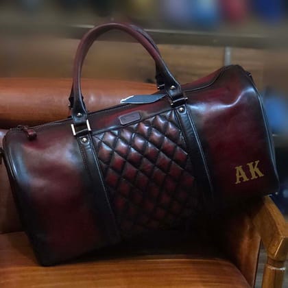 Handmade Wine Leather Duffle Bag Cushioned Stitched with Your Name Initials by Brune & Bareskin-FS