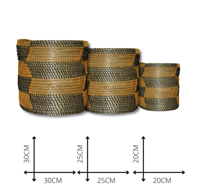 Handmade Sabai Basket-Black & Yellow ,Set of 3 | Laundry basket | Home organizer-set of three