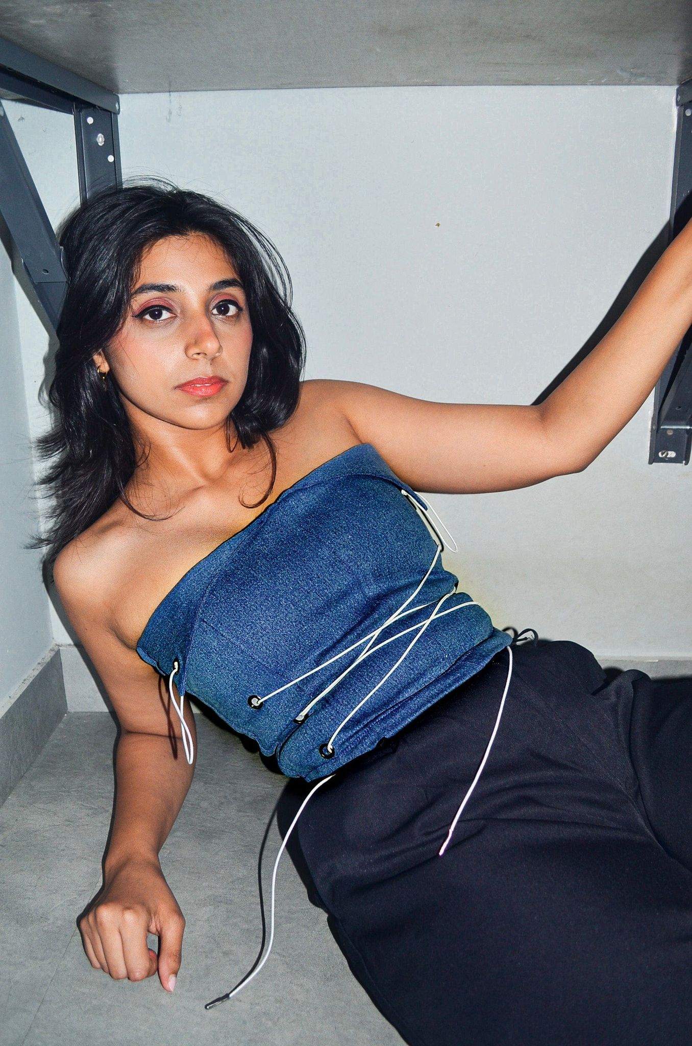 LACE UP TOP - DENIM-XS