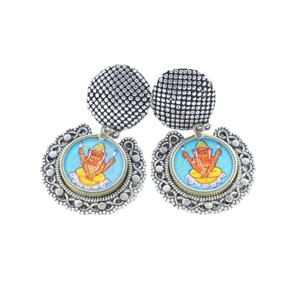 Oxidized Silver Ganesha Printed Stud Earrings For Women & Girls