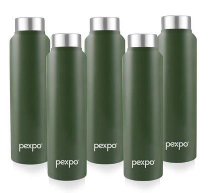 PEXPO Stainless Steel Fridge Water Bottle, 1000 ml, Pack Of 5, Military Green, Chromo | Leak-Proof & Easy to Grip Water Bottle