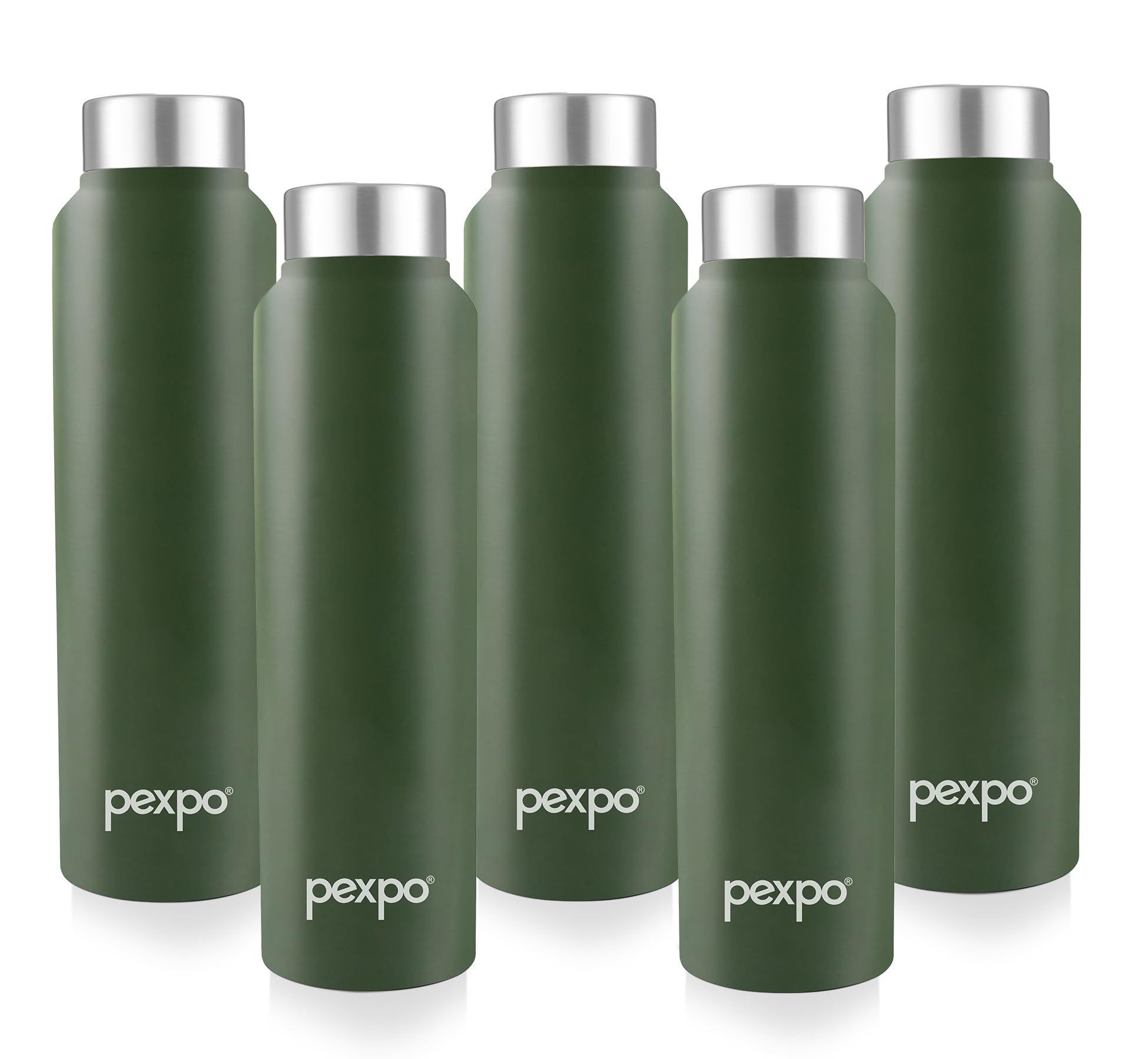 PEXPO Stainless Steel Fridge Water Bottle, 1000 ml, Pack Of 5, Military Green, Chromo | Leak-Proof & Easy to Grip Water Bottle