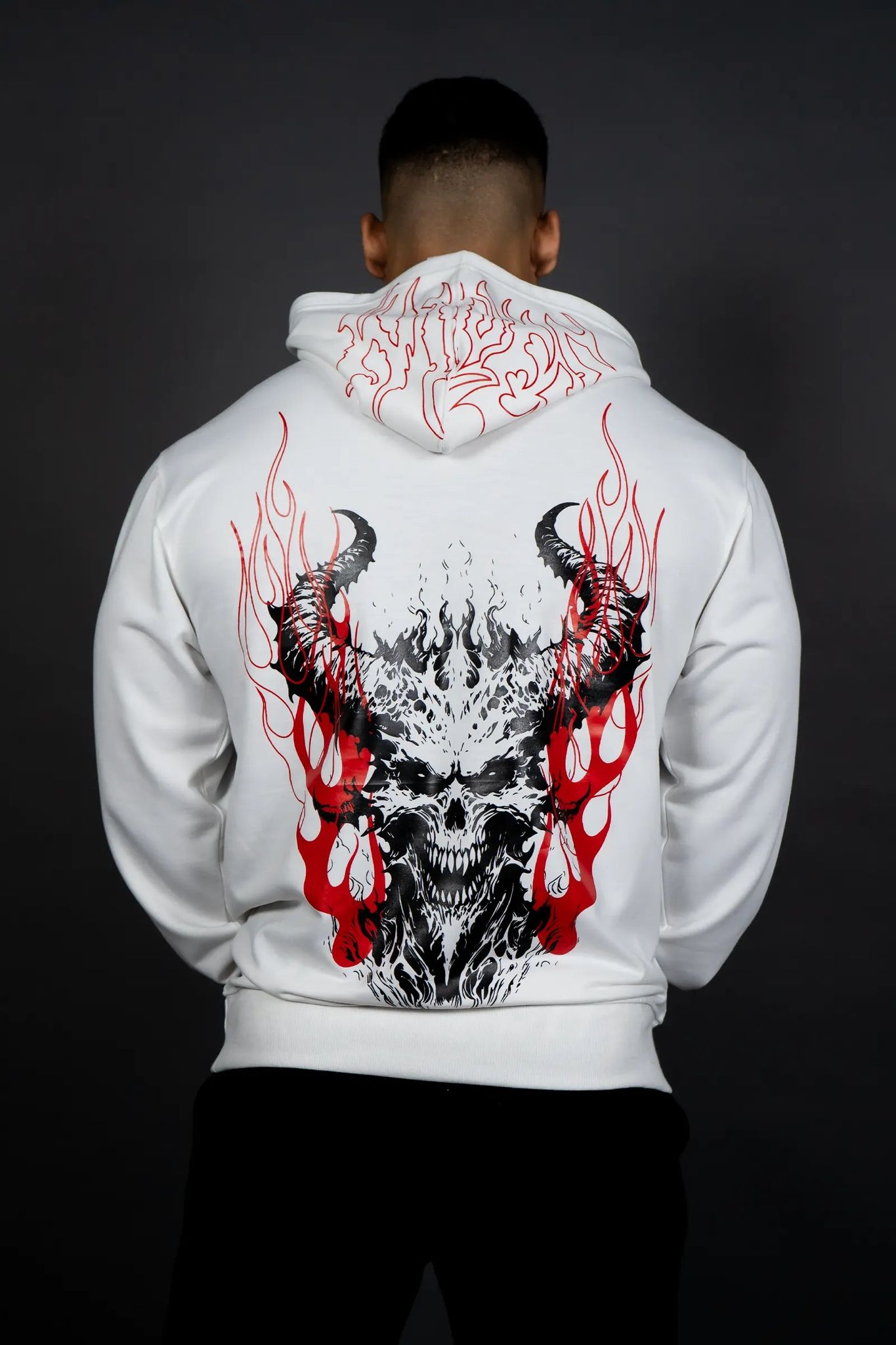 HELL FIRE SKULL HOODIE (OFF WHITE)-S