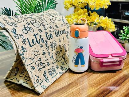 Morning Meal Bento (100% Leakproof) and Kids Greet Flask Bottle - 420ml with Free Jute Bag (Combo)-Without Personalised Name Engraving / Blue with Blue Bottle