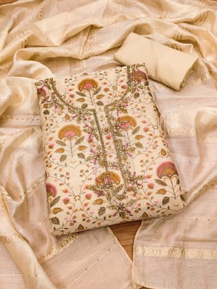 Chanderi Fancy Neck work Printed Dress Material-1