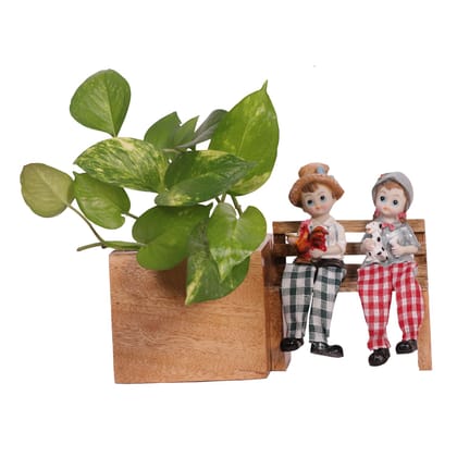 The Weaver's Nest Wooden Bench Planter with Figurine for Home, Porch, Balcony, Garden, Living Room-Girl and Boy 1