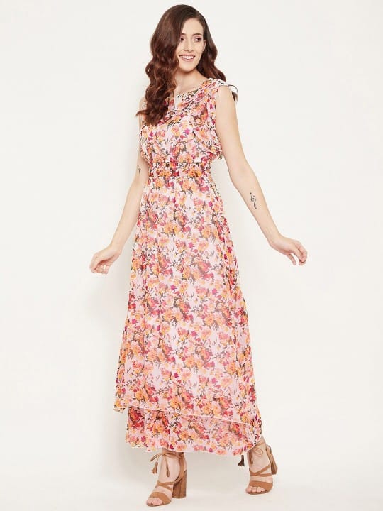Women Navy Blue & Pink Floral Georgette Maxi Dress