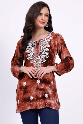 The Chikankari Story: Embroidered Rayon Tie-Dyed Chikankari Brown short Kurti with 3D Embroidery-S