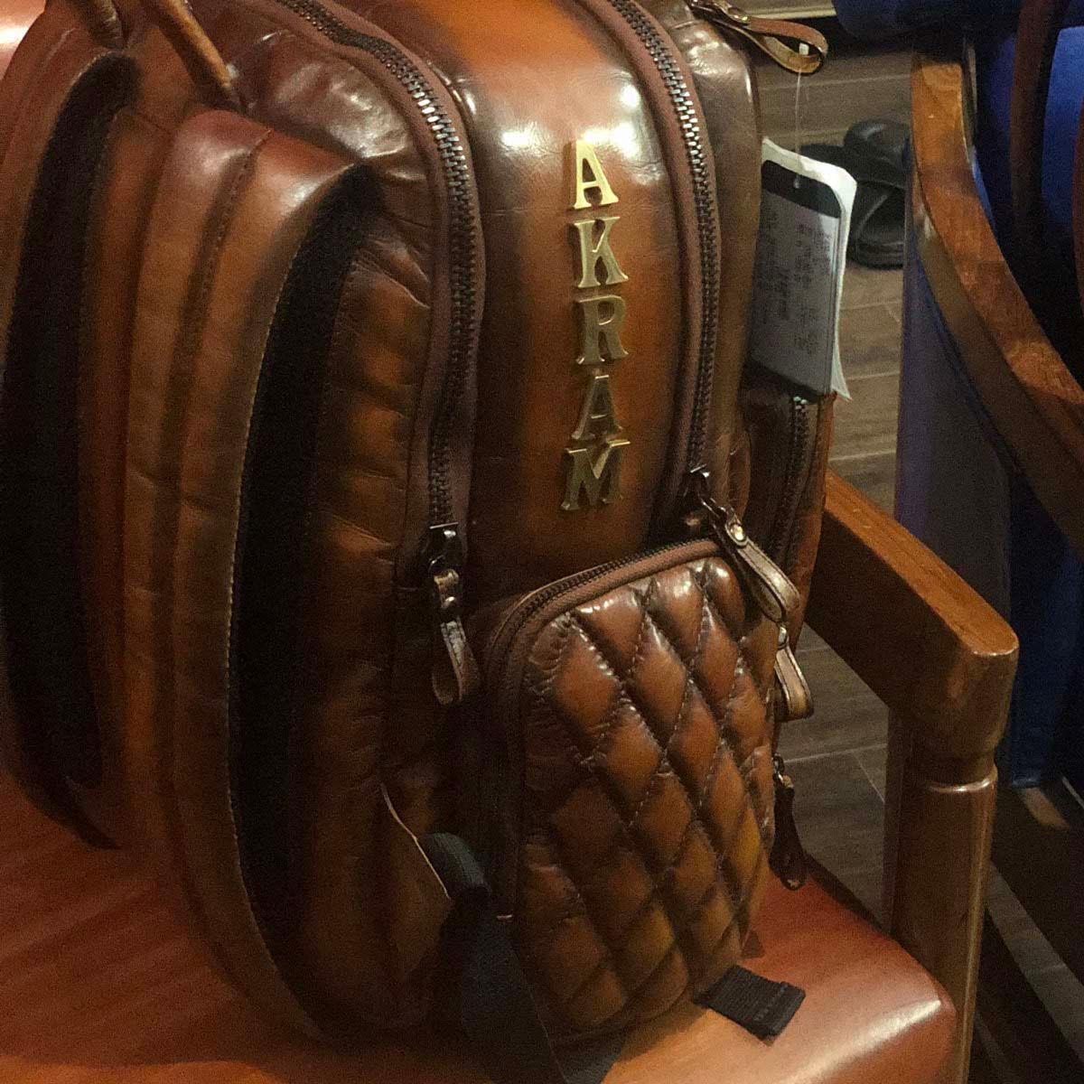 Specially made Tan Leather Backpack with Name Initials AKRAN by Brune & Bareskin-FS