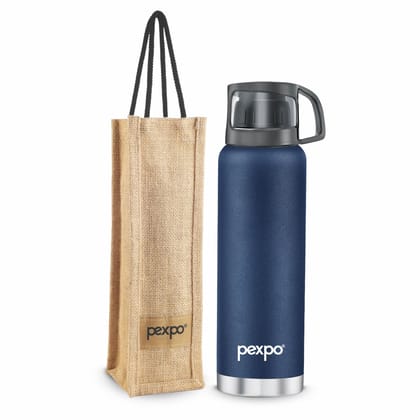 Pexpo 1500ml Stainless Steel 24 Hours Hot and Cold Water Bottle with Drinking Cup Lid & Jute-Bag, Flask (Denim Blue, Fererro)