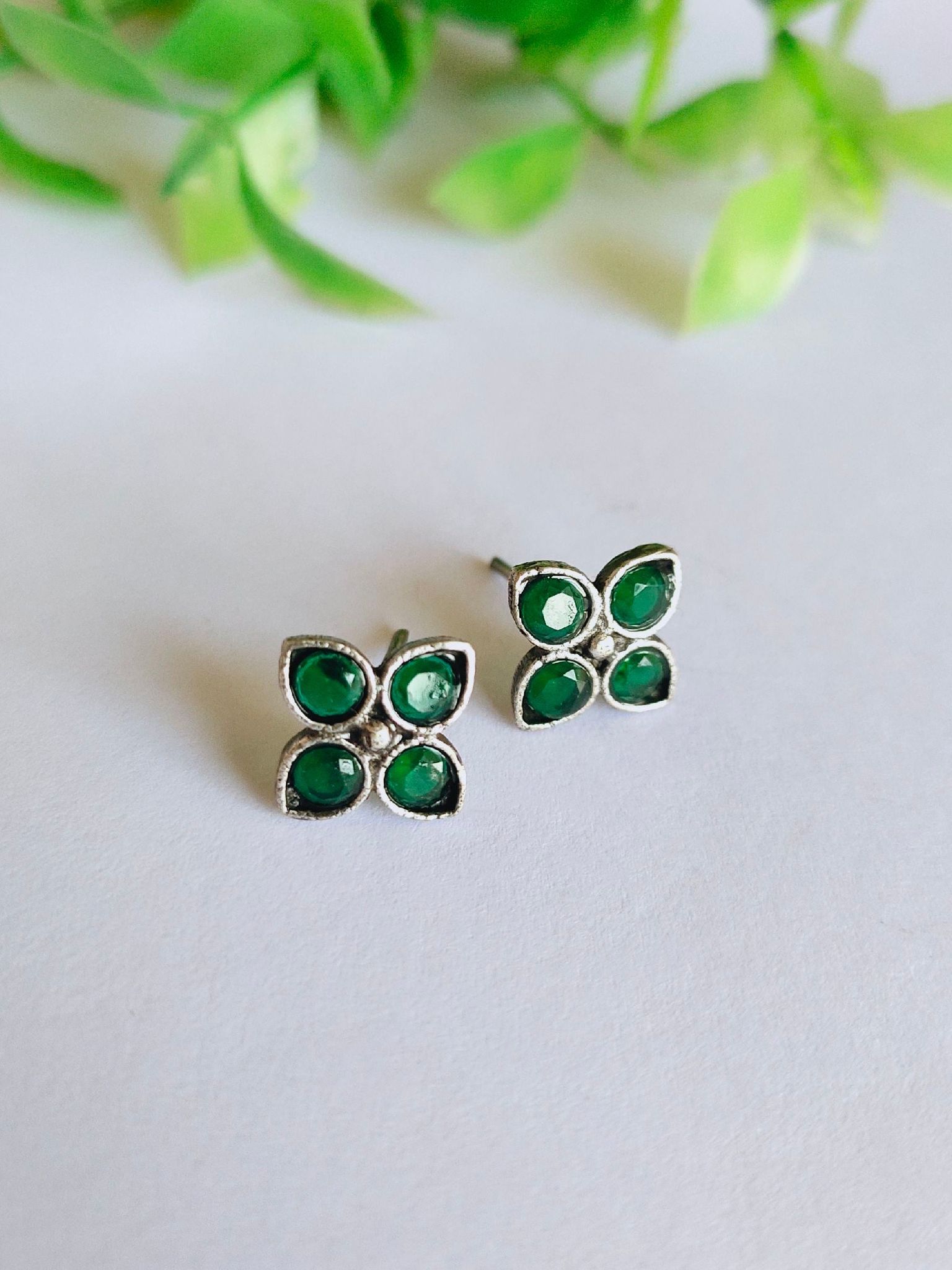 Oxidised Colorful Stone Studs for Daily & Office Wear | Sarichka-Green