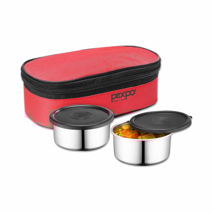 PEXPO Stainless Steel Lunch Box with 2 Leakproof Air-Tight Stainless Steel Round Containers and Cover Bag (Red), Nano | Stainless Steel & Spill Proof