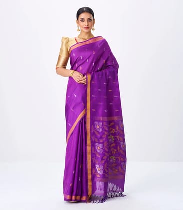 Purple Handloom Uppada Silk Saree With Zari Buttas-Purple