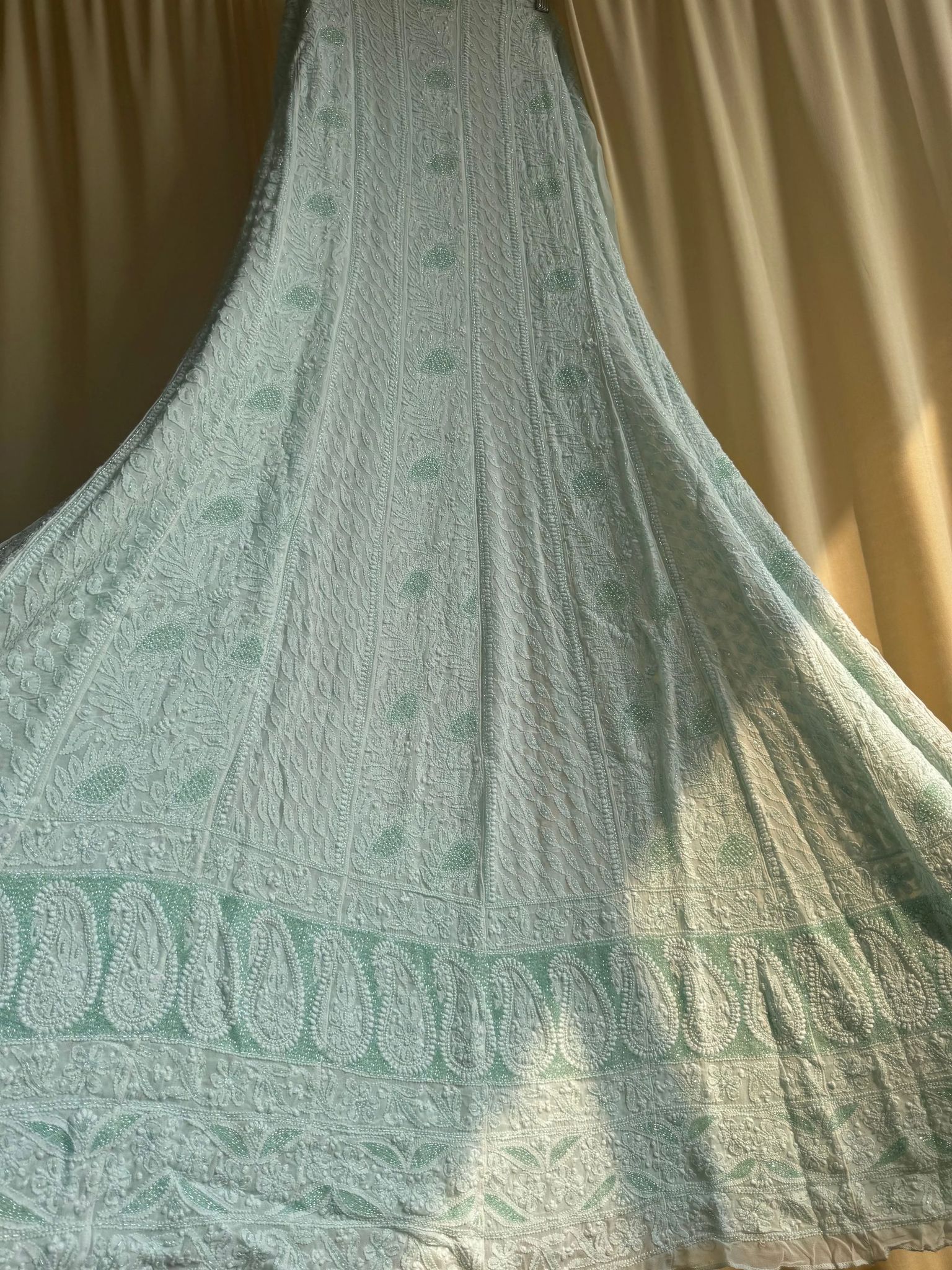 Viscose Anarkali - Semi Stitched - Pearl Work - Cyan Green-Cyan Green / Viscose / Pearl Work
