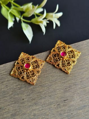 Gold Plated Stud Earring With Green and Red Stone | Sarichka-Red