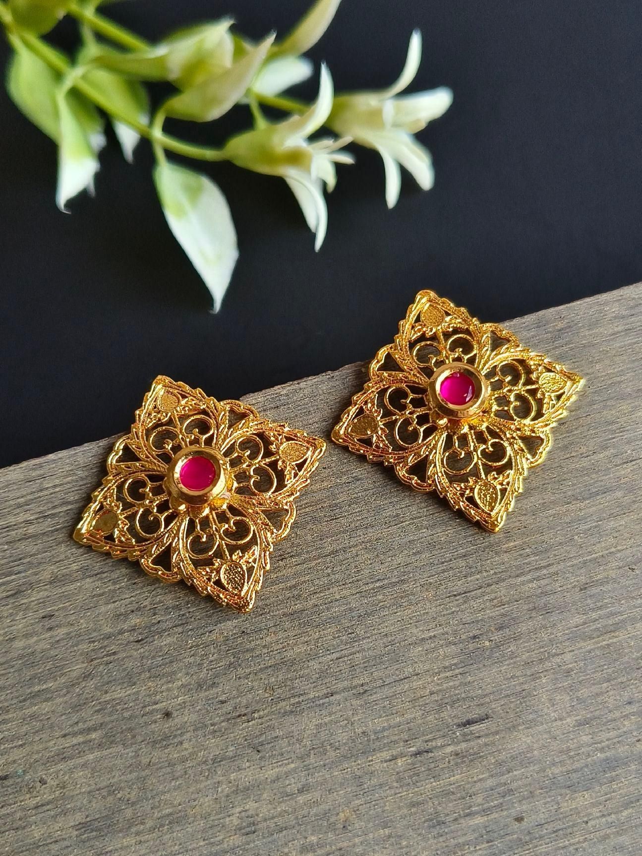 Gold Plated Stud Earring With Green and Red Stone | Sarichka-Red