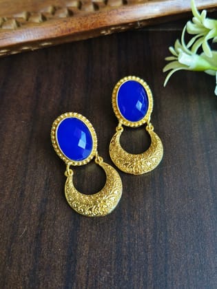 18K Gold Plated Half Moon Stud Earring with Monalisa Stone | Sarichka-Blue