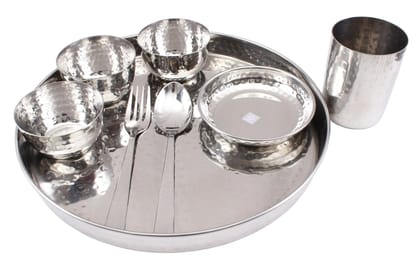 Indian Art Villa Steel Hammered 8 Piece Thali Set (1 thali 30.48 cm, 3 Bowl, 1 Halwa Plate, 1 Dessert Spoon, 1 Flat Hammered Glass, 1 Dessert Fork)