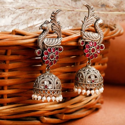 TRADITIONAL SILVER PINK  PEACOCK JHUMKA EARRING - LE 1104