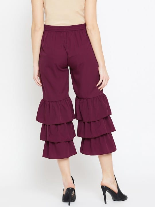 Women Burgundy Loose Fit Solid Culottes