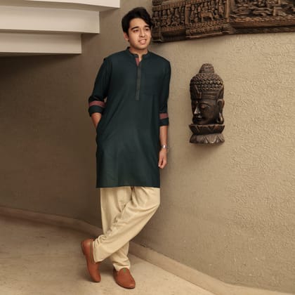 green men's band collar cotton blend kurta-XS