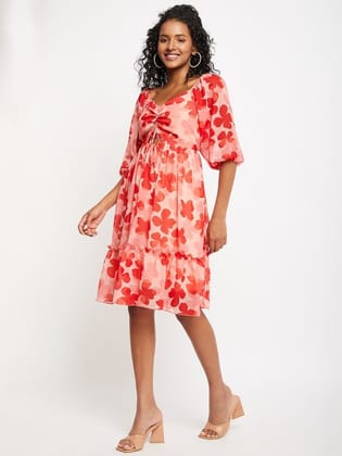 Floral Printed Tie-Ups Detail Georgette Fit & Flare Dress