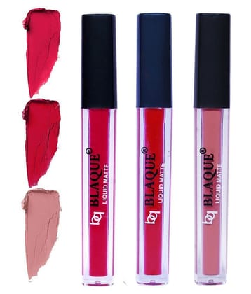 bq BLAQUE Matte Liquid Lipstick Combo of 3 Lip Color 4ml each, Waterproof - Ruby Red, Dark Pinkish Red, Light Nude Brown