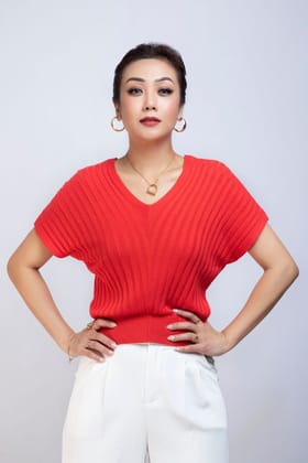 DRP SHOULDER V NECK RIB TOP