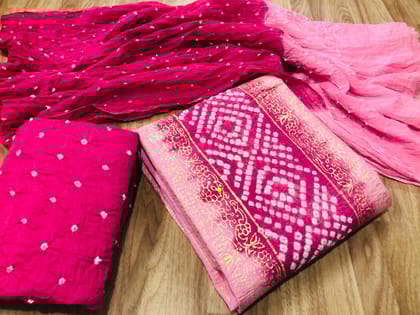 Cotton Hand Blocked with Bandhani Dress Material-Pink