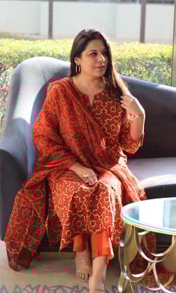 Cotton Rust Ajrakh Vanaspati Print Suit with Kota Doria Printed Dupatta-XXS
