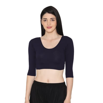 Vami Women's 3/4 Length Cotton Stretchable Readymade Plain Blouse  - Navy Navy L