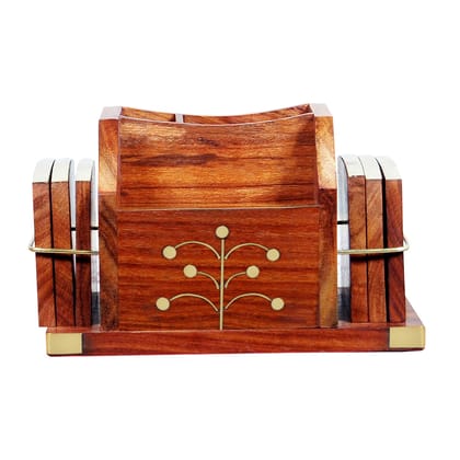 Adorn World Wooden Pen Stand with Tea Coaster | Office Accessories | Desk Organizer | Home Decor | Table Décor | Pen Stand