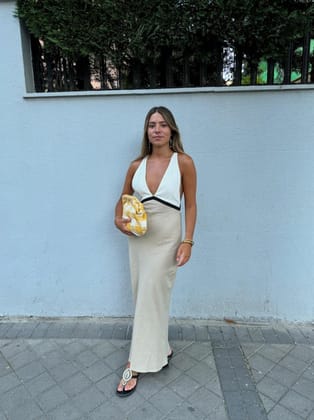 Deep V Neck Backless Maxi Dress-Beige / M