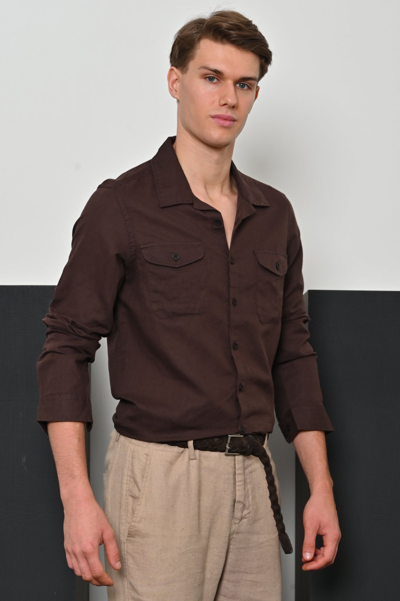 Turk - Cotton Linen Pocketed Shirt - Brown-S-38 / BROWN