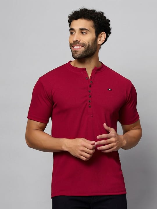 Men Henley Collar Cotton T-shirt