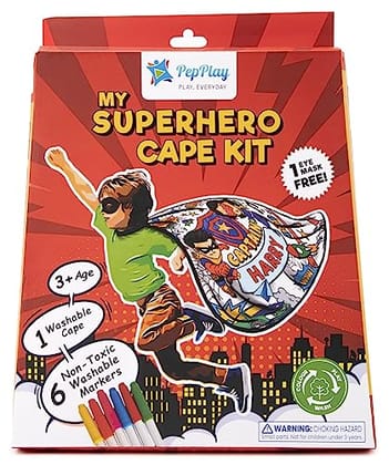         PepPlay My SuperHero Cape Coloring Kit, with 6 Smudge-Free washable markers, Customised Birthday Gift for Kids Ages 3-8, Pretend Play for Boys and Girls       
