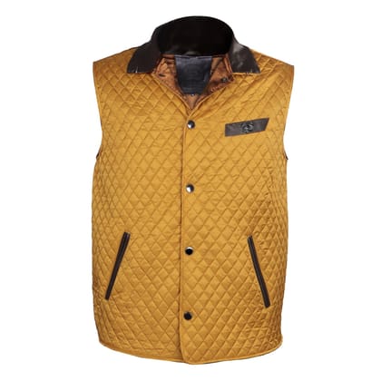 Yellow Puffer Vest Diamond Stitched Dark Brown Leather Trims Collar & Pockets by Brune & Bareskin-M