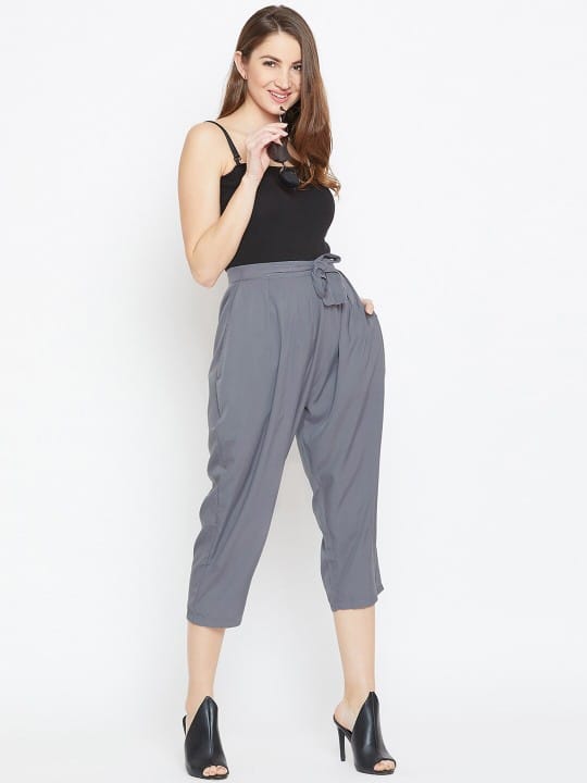 Women Grey Relaxed Loose Fit Easy Wash Pleated Culottes