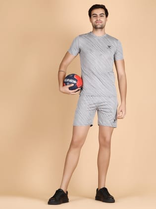 Mens Dryfit Graphic SS Round Neck T-Shirts & Shorts Combo Set-Light Gray / M